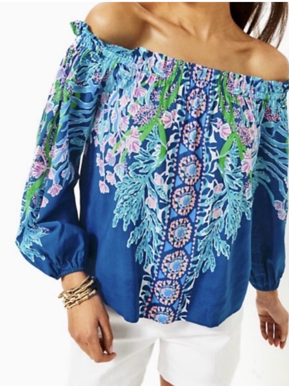 Lilly Pulitzer Aimes Off-Shoulder Top in Barton Blue, Secret Escape, XL NWT